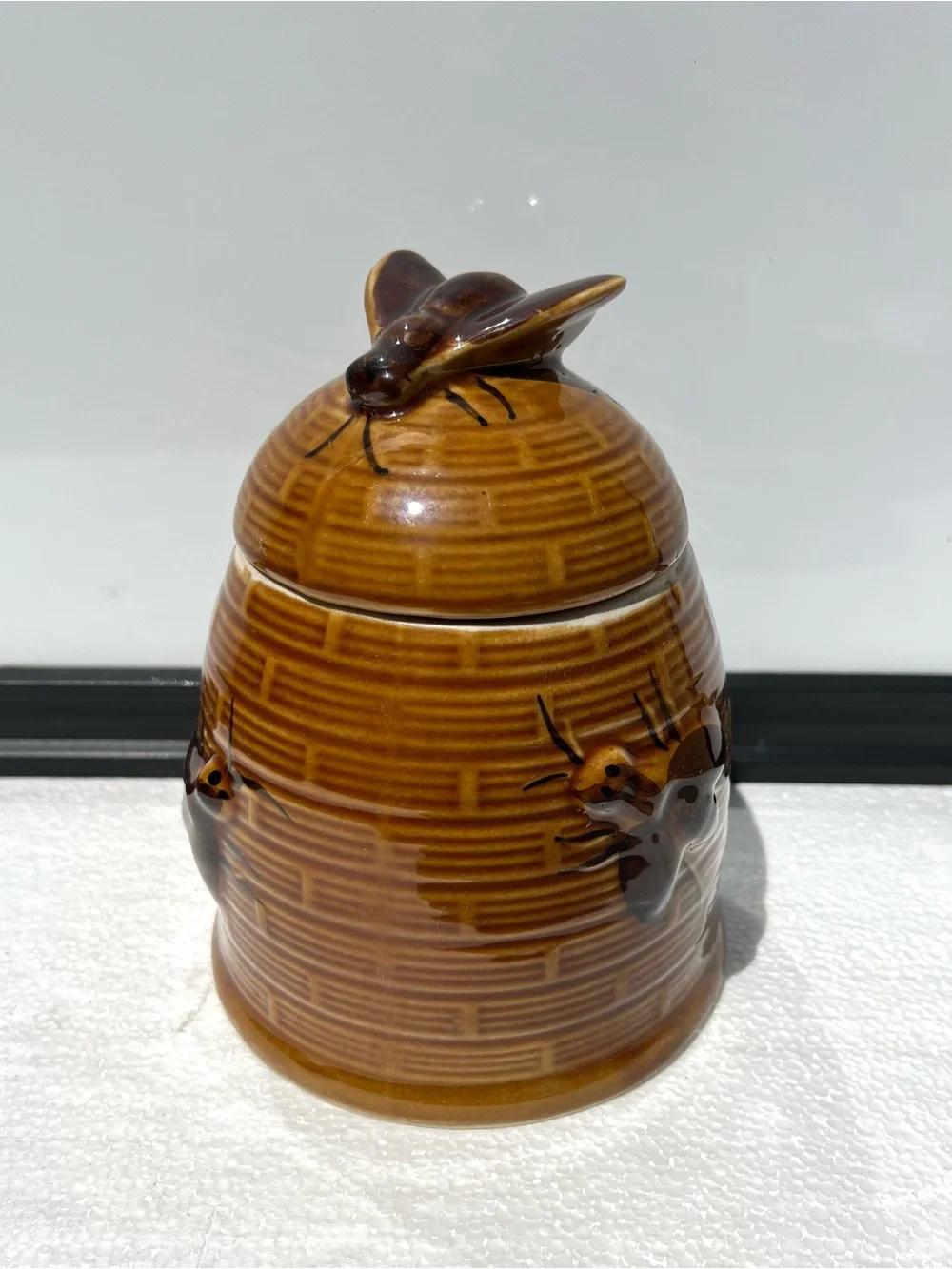 Vintage Bee Hive Honey Pot Jar Large Brown Ceramic with Lid Farmhouse Decor